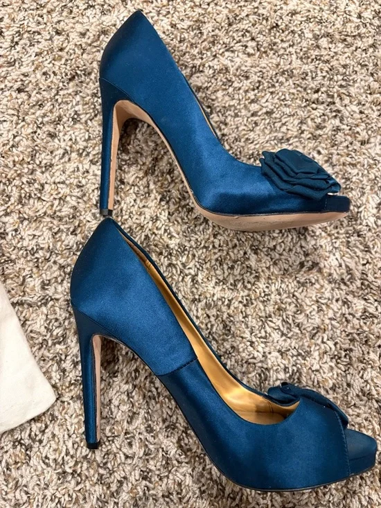 Badgley Mischka Teal Satin Peep-Toe Pumps with Rosette Accent - Picture 4 of 6